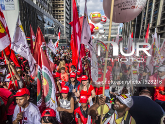 People take part in the Labour Day march held in downtown São Paulo, Brazil, on 01 May 2017. Labor Day or May Day is observed all over the w...