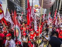 People take part in the Labour Day march held in downtown São Paulo, Brazil, on 01 May 2017. Labor Day or May Day is observed all over the w...