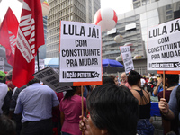 People take part in the Labour Day march held in downtown São Paulo, Brazil, on 01 May 2017. Labor Day or May Day is observed all over the w...