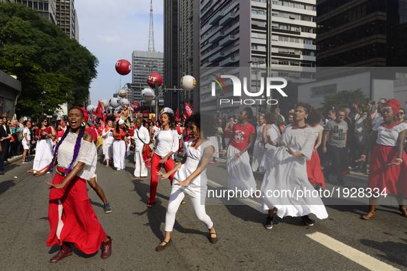 People take part in the Labour Day march held in downtown São Paulo, Brazil, on 01 May 2017. Labor Day or May Day is observed all over the w...