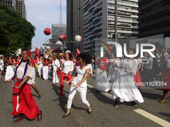 People take part in the Labour Day march held in downtown São Paulo, Brazil, on 01 May 2017. Labor Day or May Day is observed all over the w...