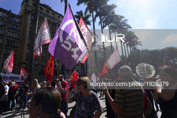 People take part in the Labour Day march held in downtown São Paulo, Brazil, on 01 May 2017. Labor Day or May Day is observed all over the w...