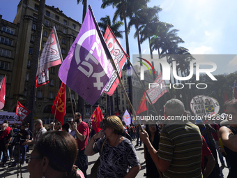 People take part in the Labour Day march held in downtown São Paulo, Brazil, on 01 May 2017. Labor Day or May Day is observed all over the w...