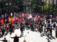 People take part in the Labour Day march held in downtown São Paulo, Brazil, on 01 May 2017. Labor Day or May Day is observed all over the w...