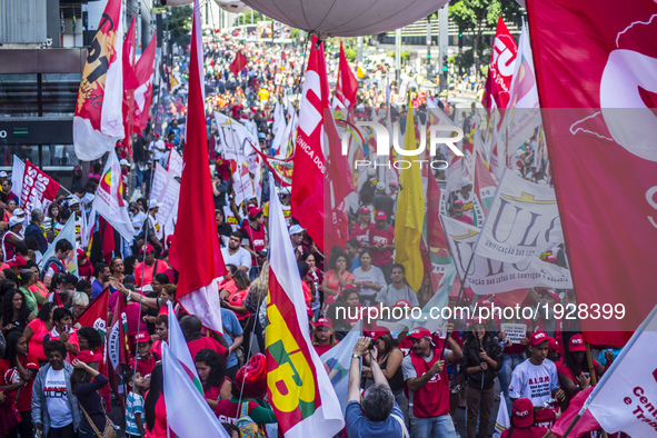 People take part in the Labour Day march held in downtown São Paulo, Brazil, on 01 May 2017. Labor Day or May Day is observed all over the w...