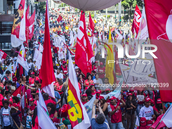 People take part in the Labour Day march held in downtown São Paulo, Brazil, on 01 May 2017. Labor Day or May Day is observed all over the w...