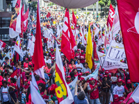 People take part in the Labour Day march held in downtown São Paulo, Brazil, on 01 May 2017. Labor Day or May Day is observed all over the w...