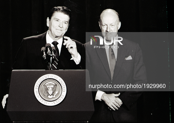 US President Ronald Reagan address a conference in Chicago at Economic Club of Chicago on September 1984.