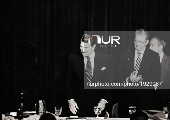 US President Ronald Reagan address a conference in Chicago at Economic Club of Chicago on September 1984.