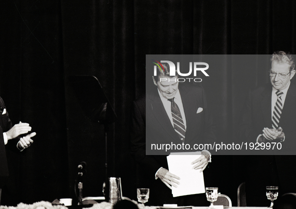 US President Ronald Reagan address a conference in Chicago at Economic Club of Chicago on September 1984.