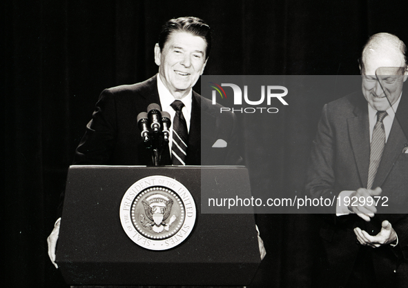 US President Ronald Reagan address a conference in Chicago at Economic Club of Chicago on September 1984.