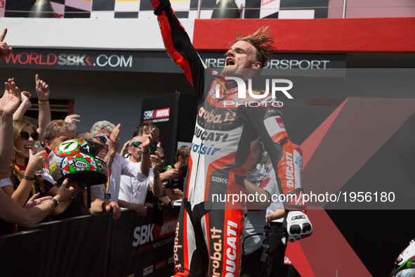  Chaz Davies Ducati Panigale R Aruba.it Racing - Ducati celebrate on the podium at the end of the race 2 during the FIM World Superbike Cham...