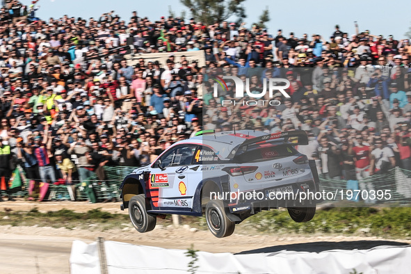 Hayden Paddon and John Kennard in Hyundai i20 Coupe WRC of Hyundai Motorsport in action during the SS10 Vieira do Minho of WRC Vodafone Rall...