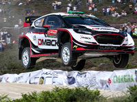 Elfyn Evans and Craig Parry in Ford Fiesta WRC of M-Sport World Rally Team in action during the SS10 Vieira do Minho of WRC Vodafone Rally d...