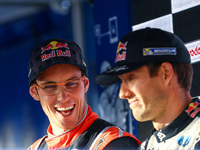 Sebastien Ogier (C), Thierry Neuville (L) during the assistance park of WRC Vodafone Rally de Portugal 2017, at Matosinhos in Portugal on Ma...