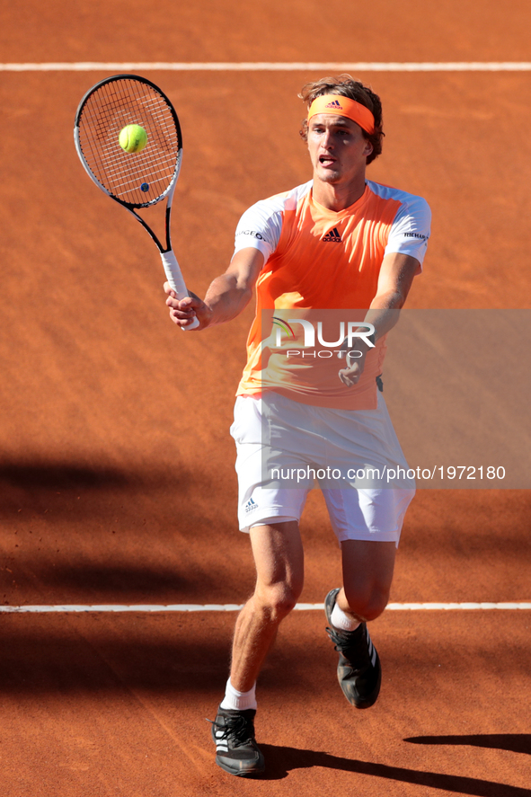 Alexander Zverev of Germany in action during the men's Final against Novak Djokovic of Serbia on Day Eight of the Internazionali BNL d'Itali...