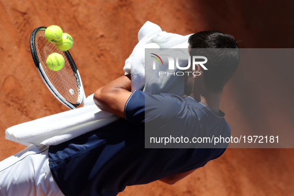 Novak Djokovic of Serbia in action against Alexander Zverev of Germany during the final of The Internazionali BNL d'Italia 2017 at Foro Ital...
