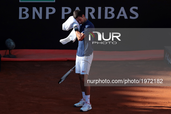 Novak Djokovic of Serbia in action against Alexander Zverev of Germany during the final of The Internazionali BNL d'Italia 2017 at Foro Ital...