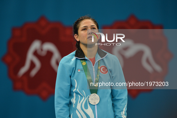 Sad and crying Hafize Sahin of Turkey after she lost against Blessing Oborududu of Nigeria in the Women's Freestyle 63kg Wrestling final dur...