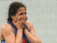 Disappointed Hafize Sahin of Turkey after she loses her final against Blessing Oborududu of Nigeria in the Women's Freestyle 63kg during Bak...