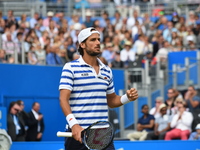 Feliciano Lopez of Spain celebrates during the mens singles final against Marin Cilic of Croatia during day seven of the 2017 Aegon Champion...