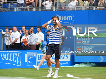 Feliciano Lopez of Spain celebrates during the mens singles final against Marin Cilic of Croatia during day seven of the 2017 Aegon Champion...