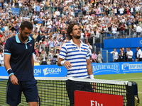 Feliciano Lopez of Spain (R) and his opponant Marin Cilic of Croatia (L) after the mens singles final on day seven of the 2017 Aegon Champio...