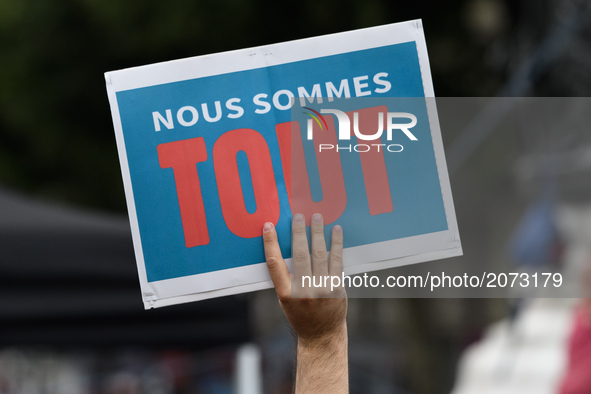 Protesters hold placards reading "We are everything" as they attend a demonstration against the French government's planned labour law refor...