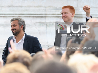 La France Insoumise (LFI) leftist party member of parliament Adrien Quatennens attends a demonstration against the French government's plann...