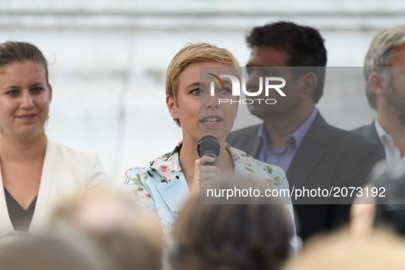 La France Insoumise member of Parliament Clementine Autain speaks during a demonstration against the French government's planned labour law...