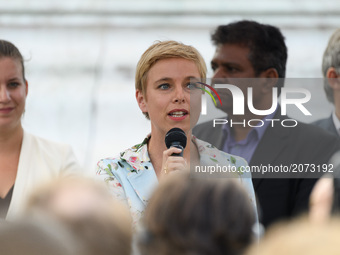 La France Insoumise member of Parliament Clementine Autain speaks during a demonstration against the French government's planned labour law...