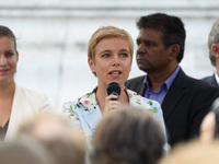 La France Insoumise member of Parliament Clementine Autain speaks during a demonstration against the French government's planned labour law...