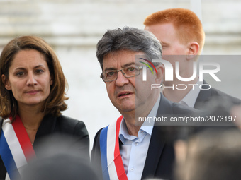 La France Insoumise (LFI) leftist party's parliamentary group president Jean-Luc Melenchon attends a demonstration against the French govern...