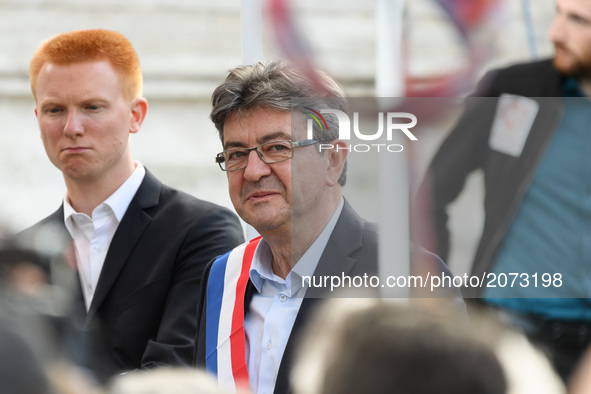 La France Insoumise (LFI) leftist party's parliamentary group president Jean-Luc Melenchon attends a demonstration against the French govern...