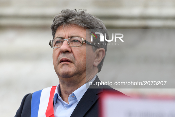 La France Insoumise (LFI) leftist party's parliamentary group president Jean-Luc Melenchon attends a demonstration against the French govern...