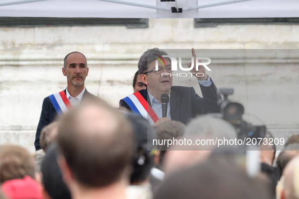 Jean-Luc Melenchon speaks as supporters of political party LFI take to the streets of Paris, France on July 12, 2017 to protest the recently...