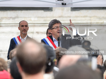 Jean-Luc Melenchon speaks as supporters of political party LFI take to the streets of Paris, France on July 12, 2017 to protest the recently...