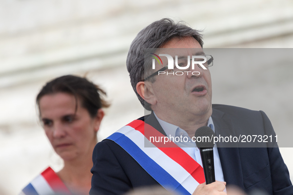 Jean-Luc Melenchon speaks as supporters of political party LFI take to the streets of Paris, France on July 12, 2017 to protest the recently...