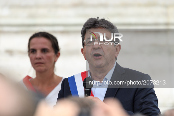 Jean-Luc Melenchon speaks as supporters of political party LFI take to the streets of Paris, France on July 12, 2017 to protest the recently...