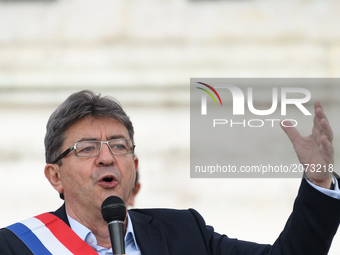 Jean-Luc Melenchon speaks as supporters of political party LFI take to the streets of Paris, France on July 12, 2017 to protest the recently...