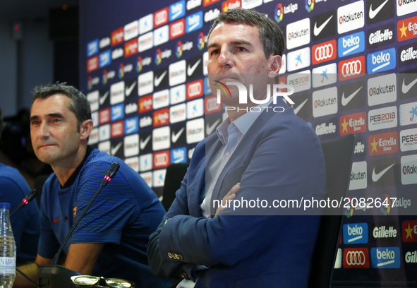 Ernesto Valverde and Robert Fernandez, FC Barcelona technical director during the press conference, on 17 july 2017. Photo: Joan Valls/Urban...