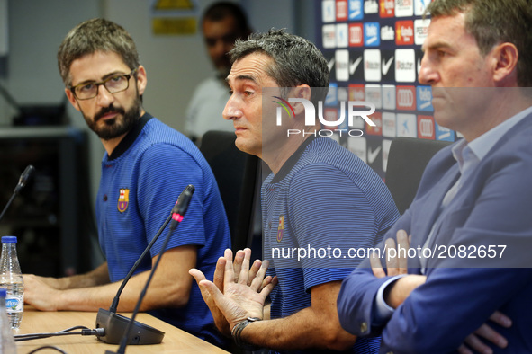 Ernesto Valverde and Robert Fernandez, FC Barcelona technical director during the press conference, on 17 july 2017. Photo: Joan Valls/Urban...