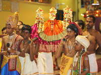 Tamil Hindu children reenact one of the stories of Lord Ganesh during the Nambiyaandaar Nambi Ustavam Thiruvizha pooja at a Hindu Temple in...