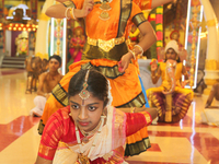 Tamil Hindu children perform a Bharatnatyam dance during the Nambiyaandaar Nambi Ustavam Thiruvizha pooja at a Hindu Temple in Ontario, Cana...