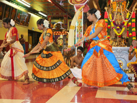 Tamil Hindu children perform a Bharatnatyam dance during the Nambiyaandaar Nambi Ustavam Thiruvizha pooja at a Hindu Temple in Ontario, Cana...