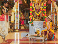 Tamil Hindu children reenact one of the stories of Lord Ganesh during the Nambiyaandaar Nambi Ustavam Thiruvizha pooja at a Hindu Temple in...