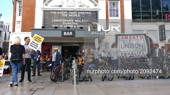 Union leaders from Unison protest outside of Ritzy Cinema for better pay in Brixton London United Kingdom on July 21st 2017.  