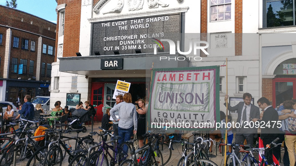 Union leaders from Unison protest outside of Ritzy Cinema for better pay in Brixton London United Kingdom on July 21st 2017.  