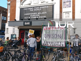 Union leaders from Unison protest outside of Ritzy Cinema for better pay in Brixton London United Kingdom on July 21st 2017.  (