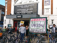 Union leaders from Unison protest outside of Ritzy Cinema for better pay in Brixton London United Kingdom on July 21st 2017.  (